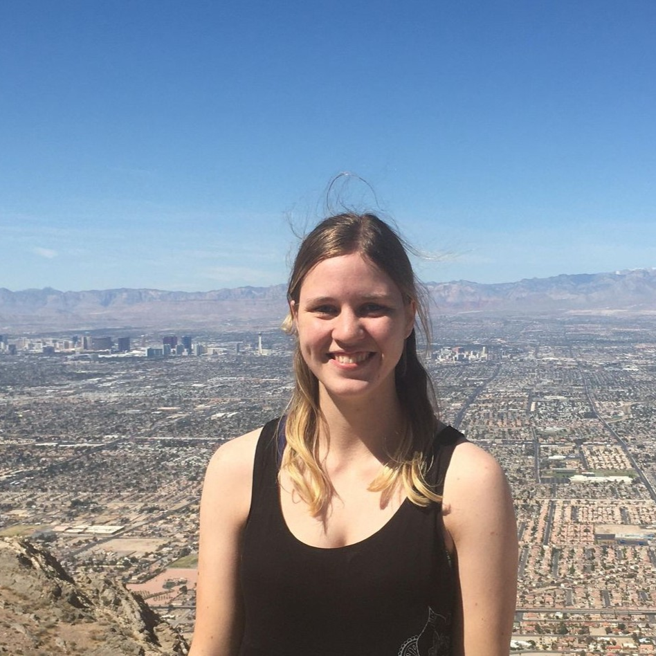 Carolyn smiles at the top of a mountain. A bird's eye view of the city of Las Vegas is visible behind her.
